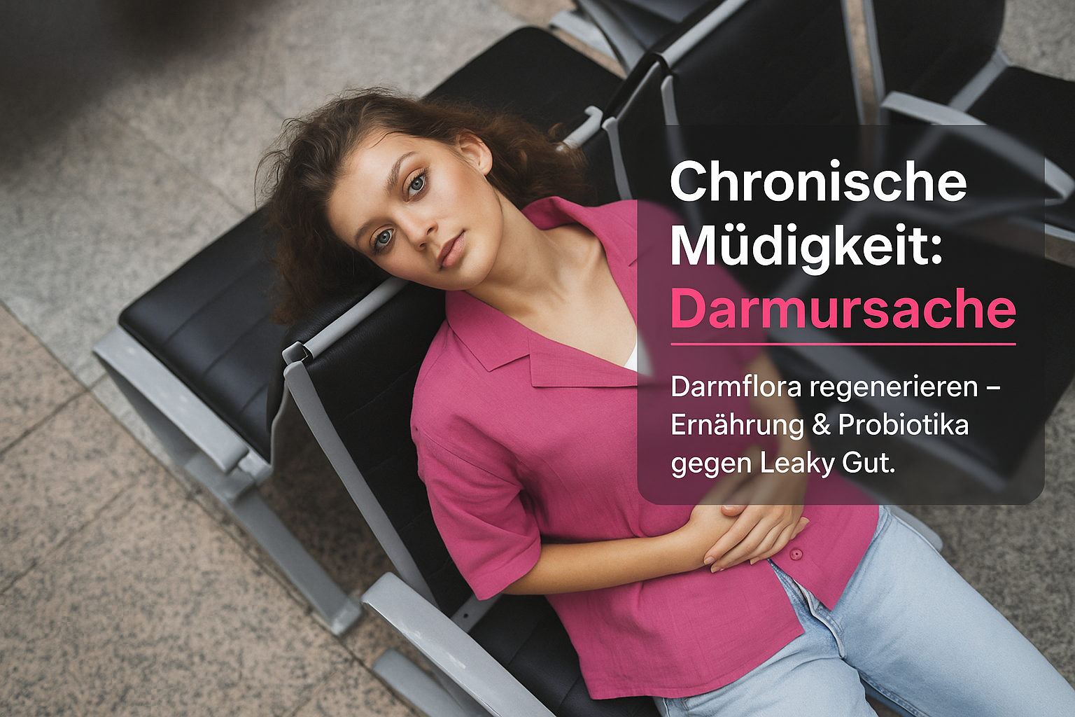 Frau in pinkem Shirt liegt müde auf einer Liege, mit einem Fokus auf das Thema chronische Müdigkeit und deren mögliche Ursache im Zusammenhang mit der Darmflora. Text bespricht Regeneration der Darmflora durch Ernährung und Probiotika zur Bekämpfung von Leaky Gut.
