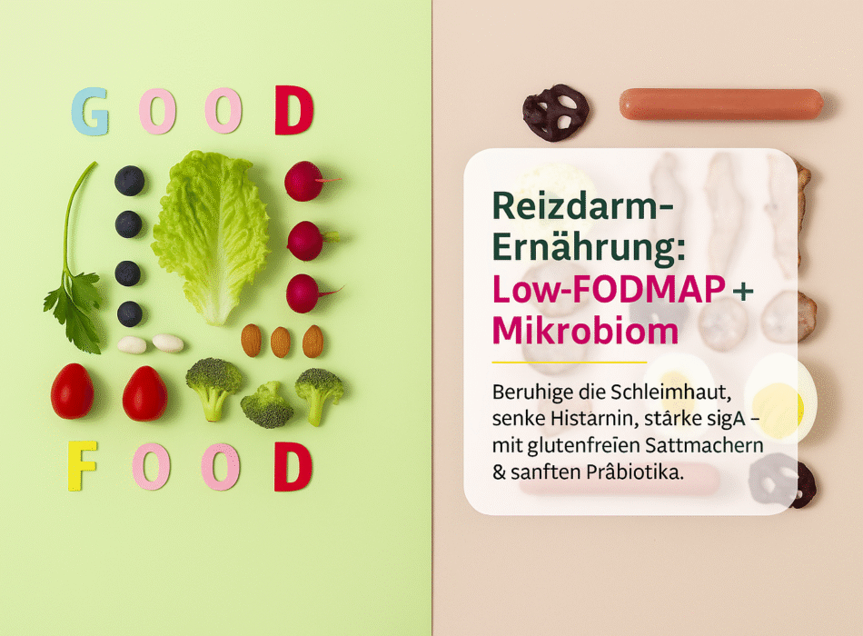 Gemüse, Nüsse und gesunde Snacks bilden die Worte "GOOD FOOD" auf einem grünen Hintergrund, während auf der rechten Seite Informationen zur Reizdarm-Ernährung mit Low-FODMAP und Mikrobiom stehen.