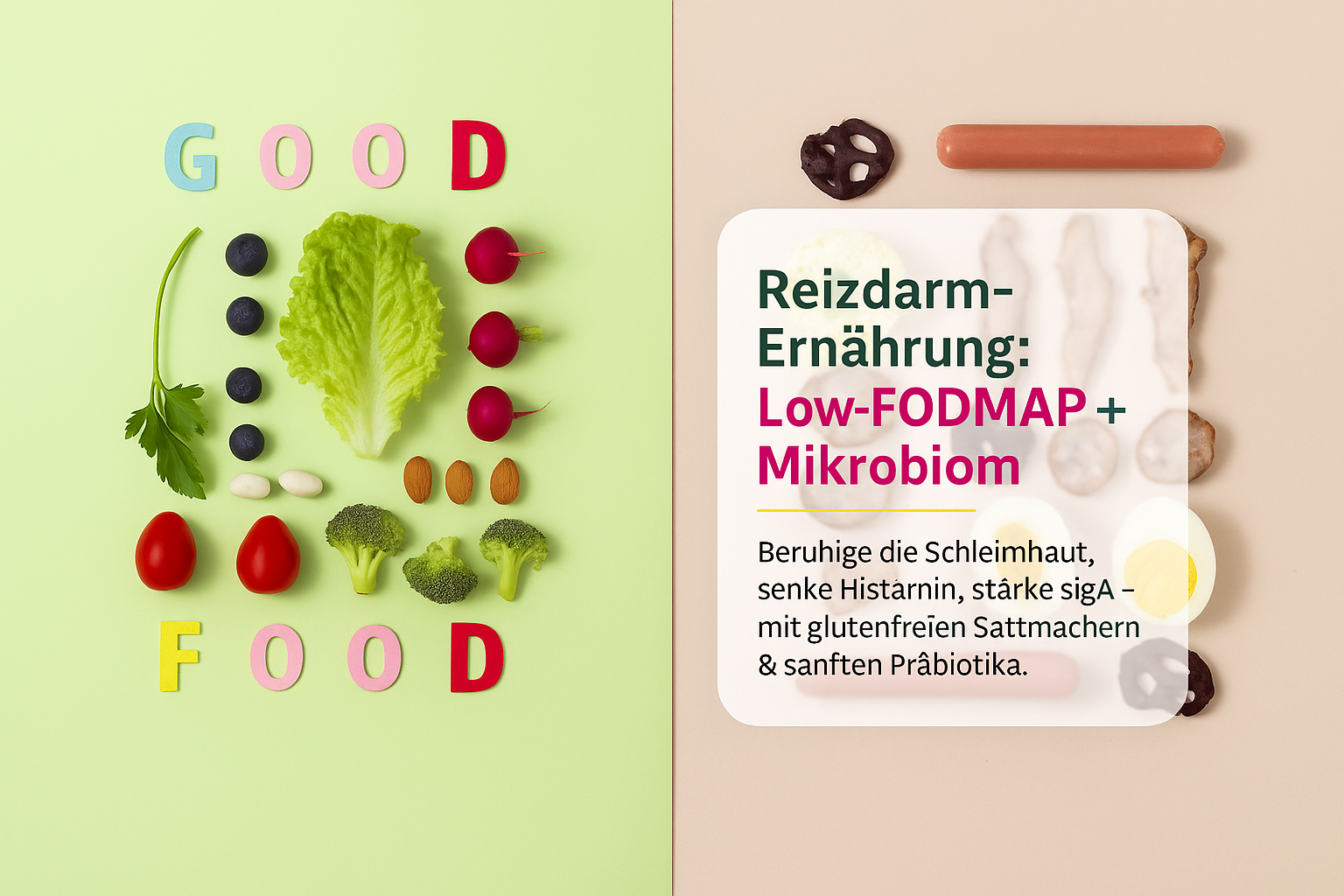 Gemüse, Nüsse und gesunde Snacks bilden die Worte "GOOD FOOD" auf einem grünen Hintergrund, während auf der rechten Seite Informationen zur Reizdarm-Ernährung mit Low-FODMAP und Mikrobiom stehen.