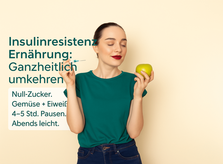 Frau in grünem T-Shirt hält einen grünen Apfel in der Hand und zeigt eine Spritze, symbolisiert gesunde Ernährung zur Bekämpfung von Insulinresistenz. Text beinhaltet Hinweise auf Null-Zucker-Diät, Gemüse, Eiweiß und Essenspausen.