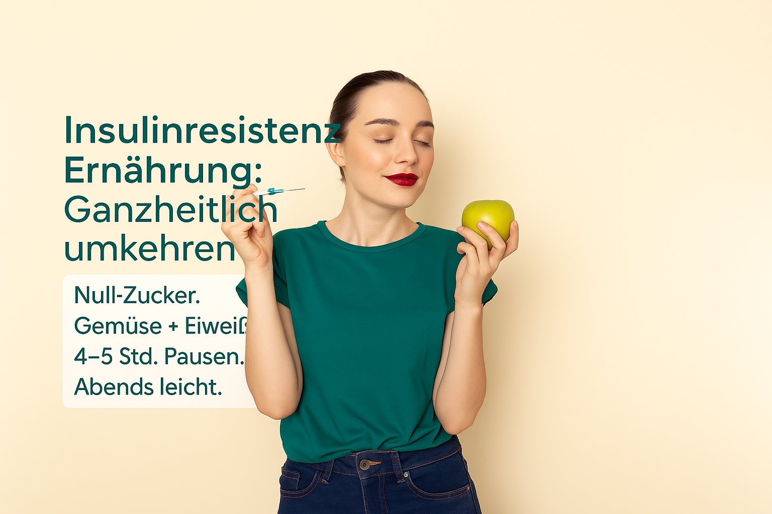 Frau in grünem T-Shirt hält einen grünen Apfel in der Hand und zeigt eine Spritze, symbolisiert gesunde Ernährung zur Bekämpfung von Insulinresistenz. Text beinhaltet Hinweise auf Null-Zucker-Diät, Gemüse, Eiweiß und Essenspausen.