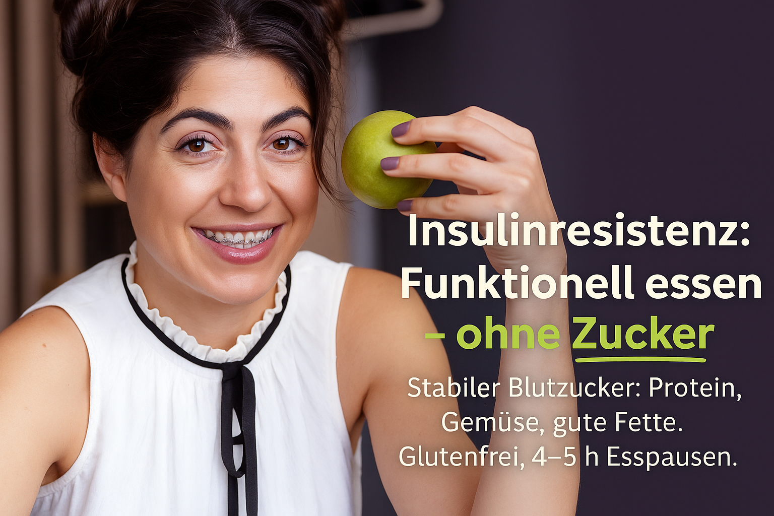 Frau mit lächelndem Gesicht und Zähnen mit Zahnspange hält einen grünen Apfel in der Hand. Der Text "Insulinresistenz: Funktionell essen – ohne Zucker" ist prominent im Bild platziert. Hinweis auf gesunde Ernährung mit stabilem Blutzucker: Protein, Gemüse, gute Fette, glutenfrei, Esspausen von 4–5 Stunden.