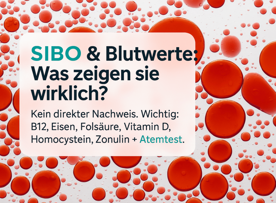 SIBO und Blutwerte: Text auf einer farbigen Grafik, die rote Blasen auf einem weißen Hintergrund zeigt. Der Text bespricht den Zusammenhang zwischen SIBO und relevanten Blutwerten.