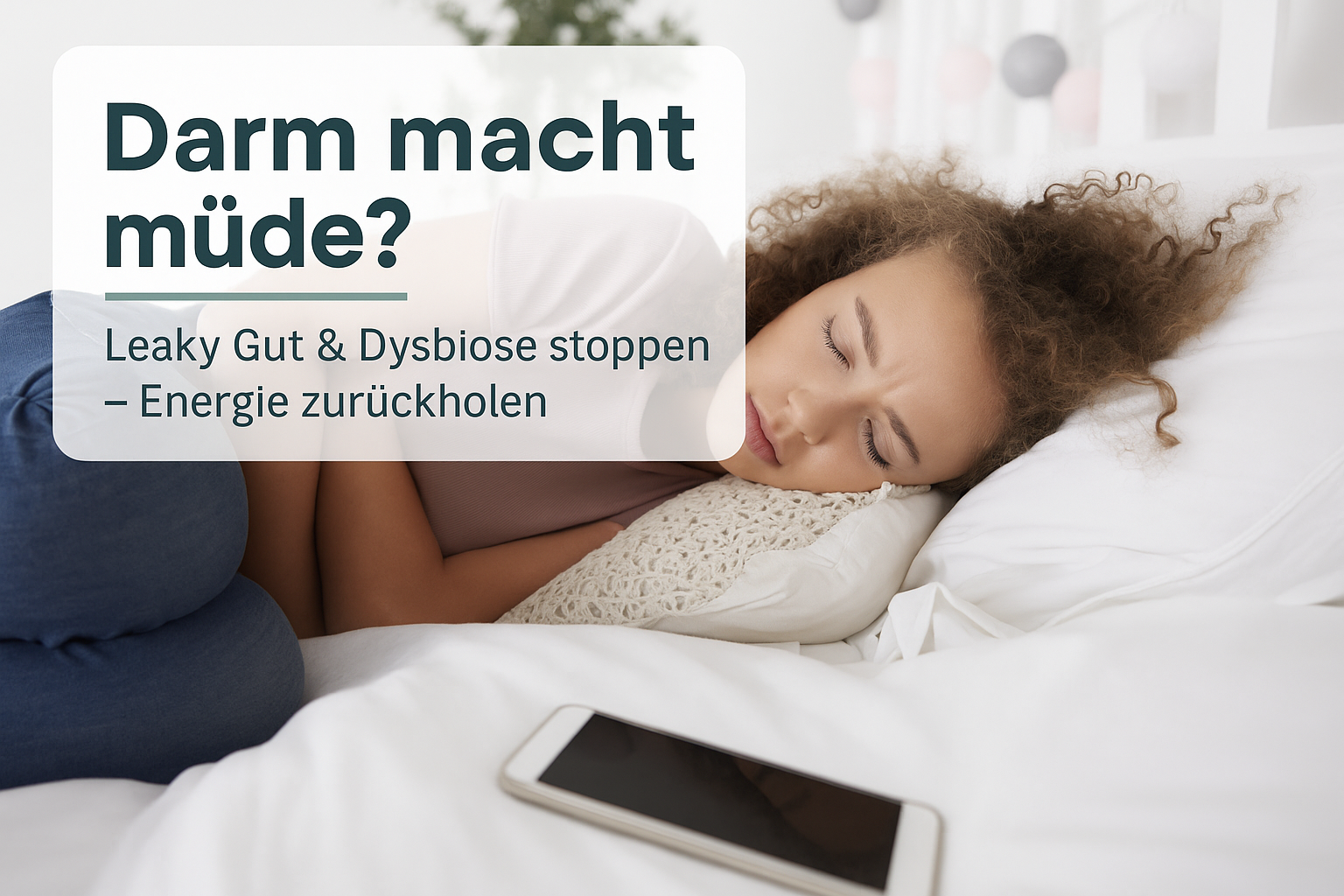 Darm Müdigkeit: Frau schläft auf einem Bett, umgeben von Kissen, mit einem Smartphone auf dem Bett. Der Text auf dem Bild thematisiert Leaky Gut und Dysbiose sowie den Weg zu mehr Energie.