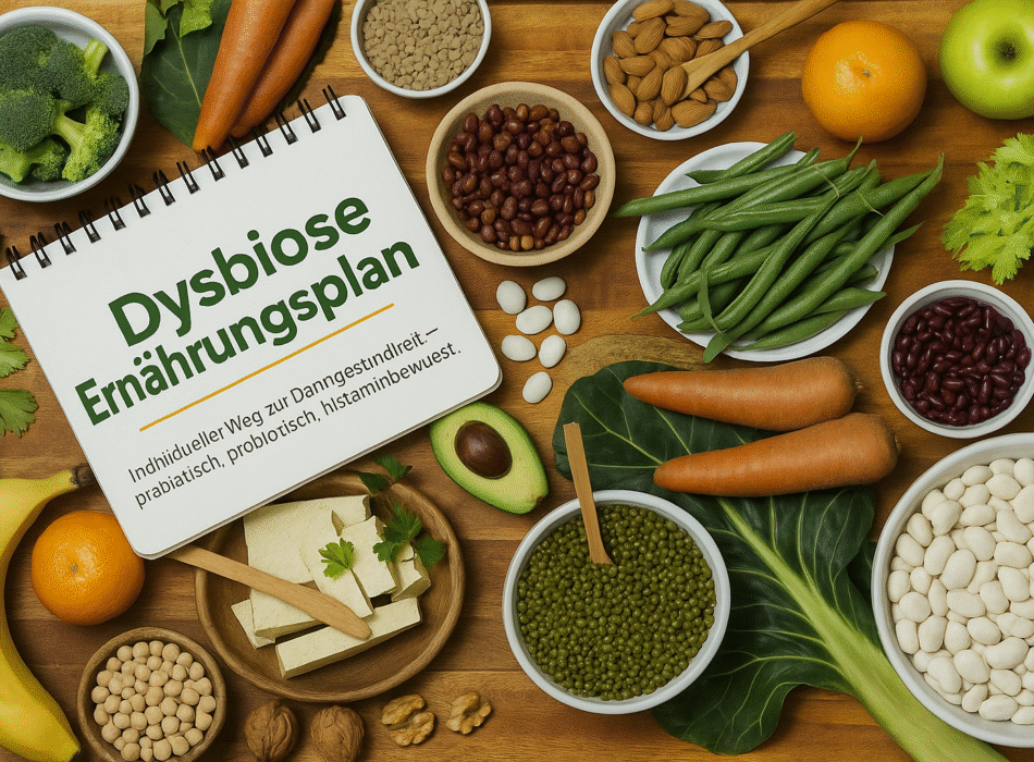 Inhaltsübersicht eines Dysbiose Ernährungsplans mit frischem Gemüse, Hülsenfrüchten, Nüssen und einer Notizbuchseite mit dem Titel „Dysbiose Ernährungsplan – individueller Weg zur Darmsündheit“ auf einem Holztisch angeordnet.