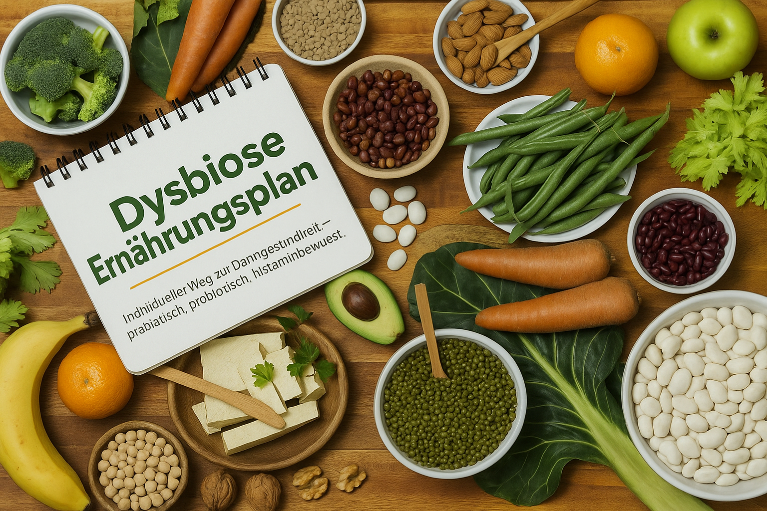 Inhaltsübersicht eines Dysbiose Ernährungsplans mit frischem Gemüse, Hülsenfrüchten, Nüssen und einer Notizbuchseite mit dem Titel „Dysbiose Ernährungsplan – individueller Weg zur Darmsündheit“ auf einem Holztisch angeordnet.