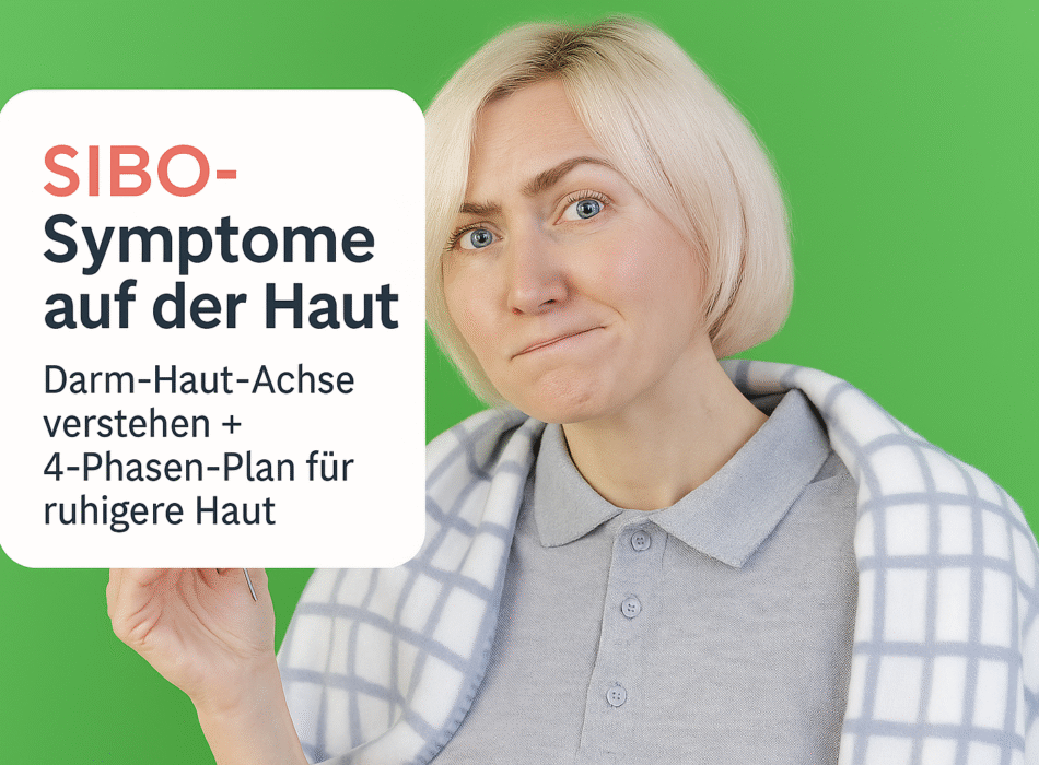 SIBO-Symptome auf der Haut: Frau mit ernster Miene hält Schild, das über Darm-Haut-Achse und 4-Phasen-Plan für ruhigere Haut informiert; grüner Hintergrund.