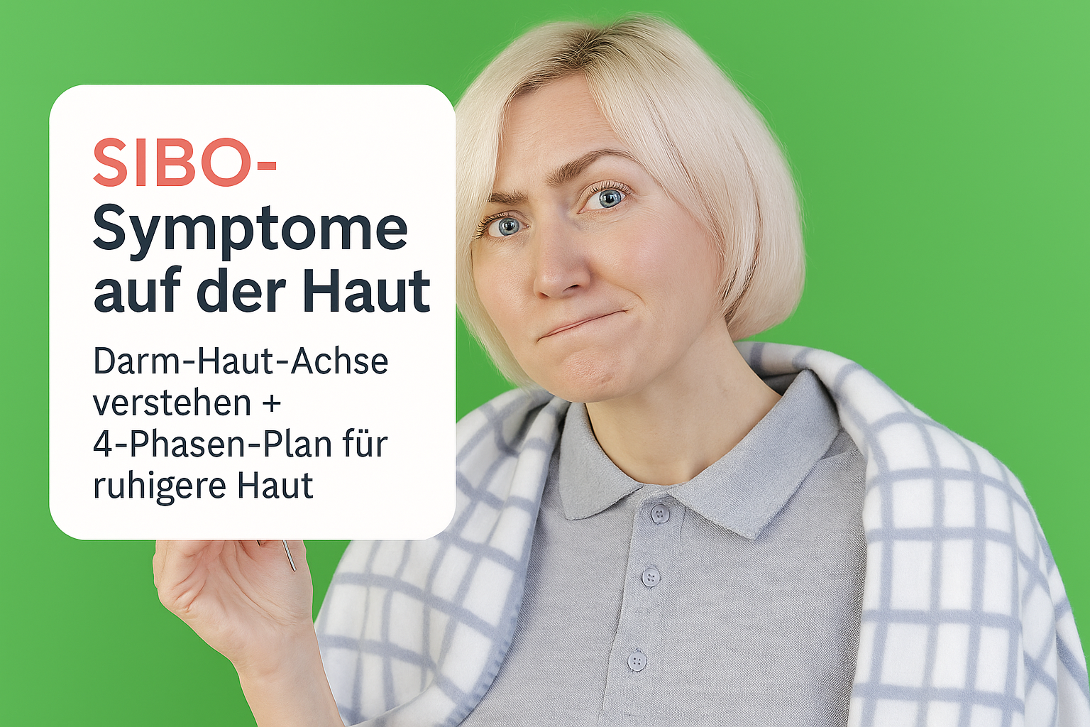 SIBO-Symptome auf der Haut: Frau mit ernster Miene hält Schild, das über Darm-Haut-Achse und 4-Phasen-Plan für ruhigere Haut informiert; grüner Hintergrund.