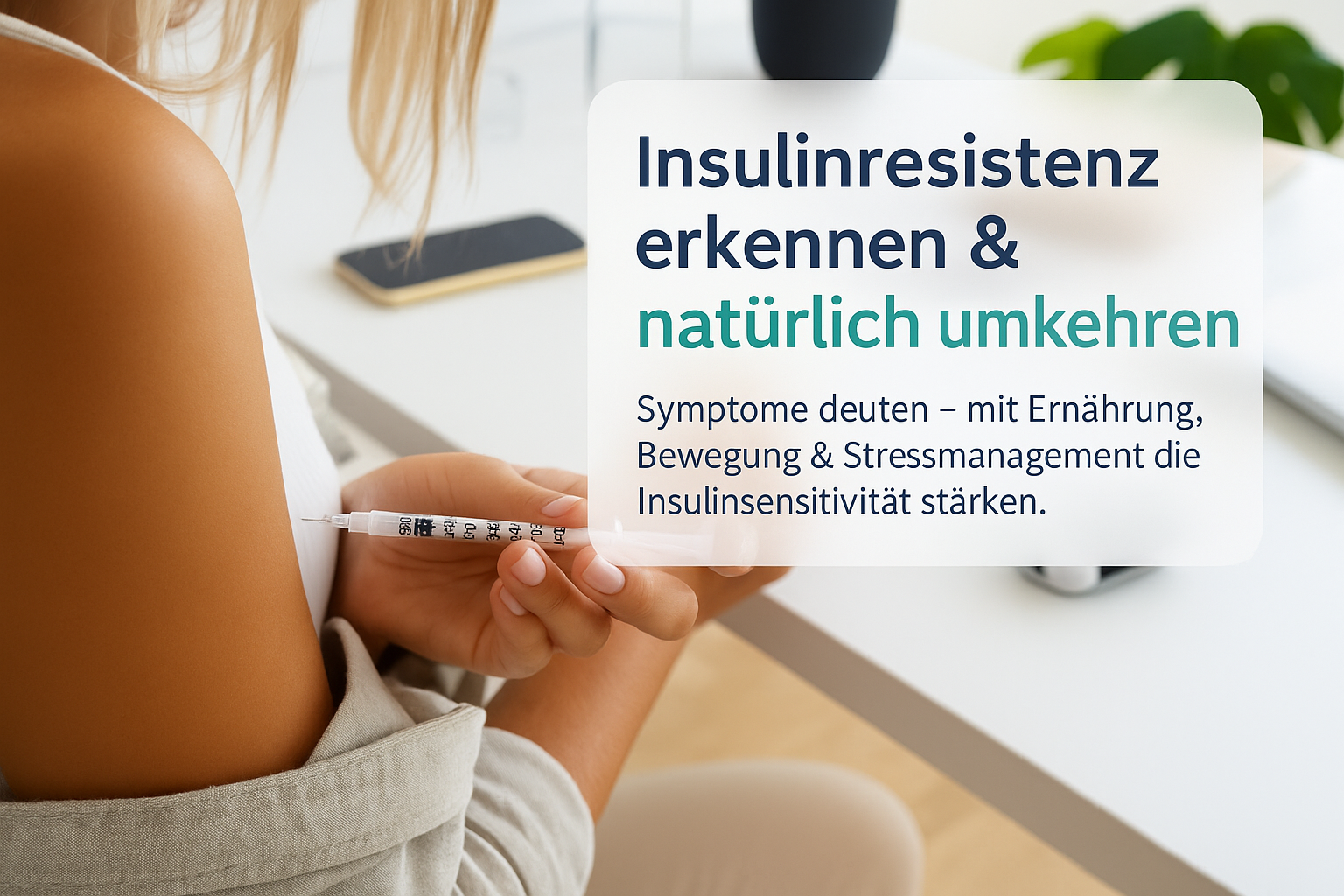 Injektion einer Insulinspritze in den Oberarm, um Insulinresistenz zu erkennen und natürlich umzukehren, begleitet von einer Beschreibung wichtiger Symptome und Verbesserung durch Ernährung, Bewegung und Stressmanagement.