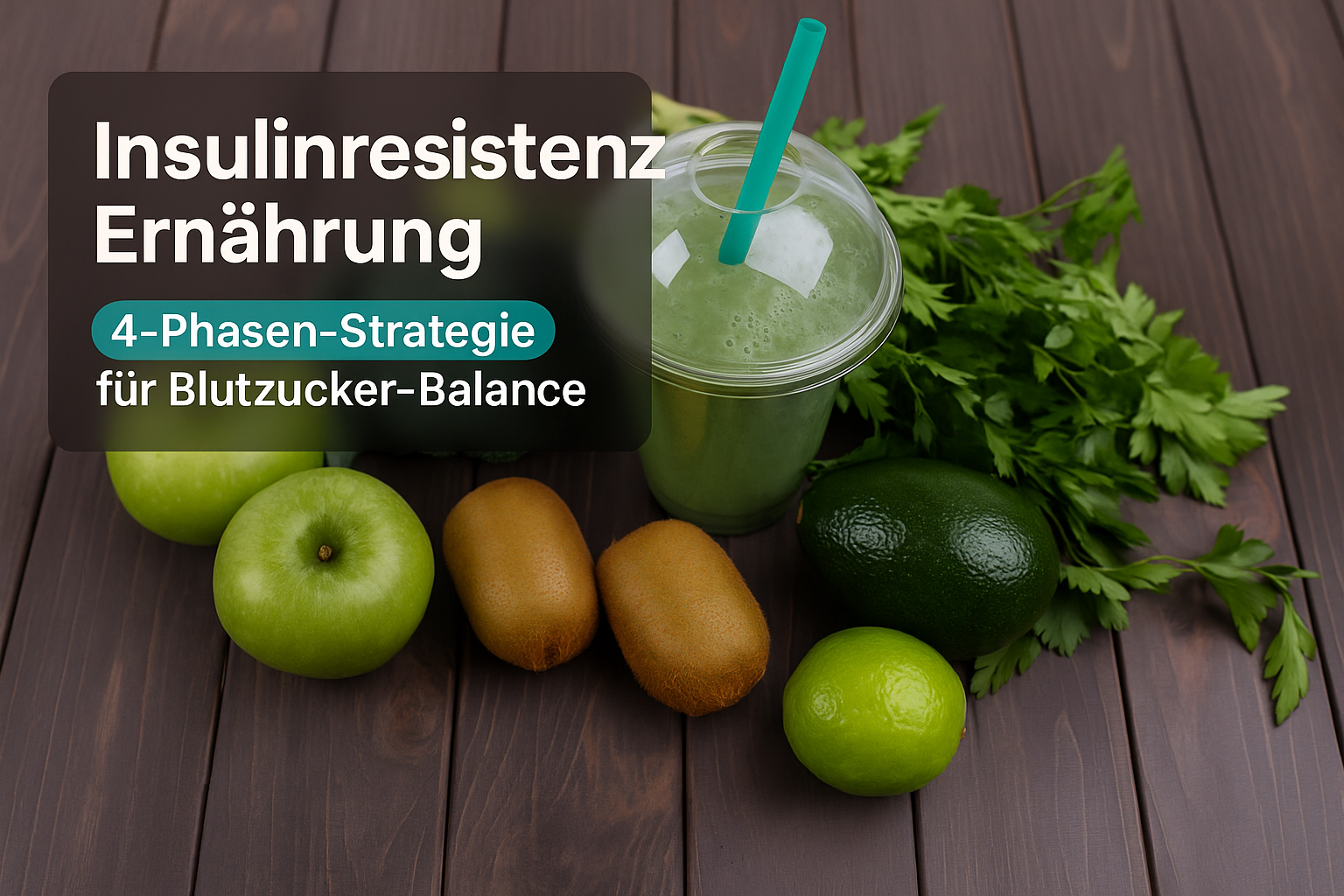 Eine Übersicht zu Insulinresistenz Ernährung mit frischem Obst und Gemüse, darunter grüne Äpfel, Kiwi, Limette, Avocado und ein grüner Smoothie in einem transparenten Becher, begleitet von frischem Koriander, auf einem hölzernen Untergrund.
