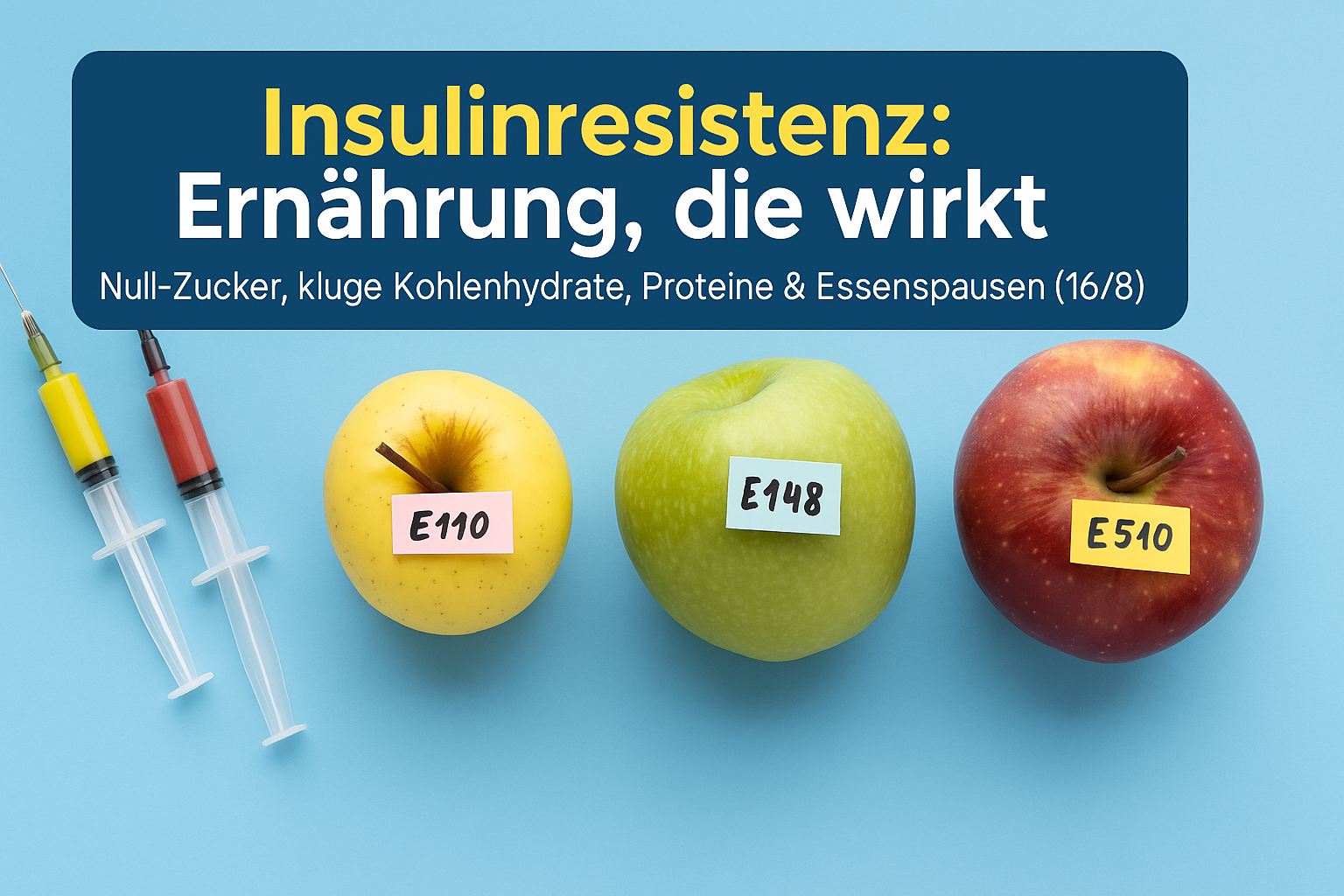 Drei Äpfel mit unterschiedlichen Etiketten (E110, E148, E510) neben Spritzen auf einem blauen Hintergrund, mit Titel "Insulinresistenz: Ernährung, die wirkt" im oberen Bereich.