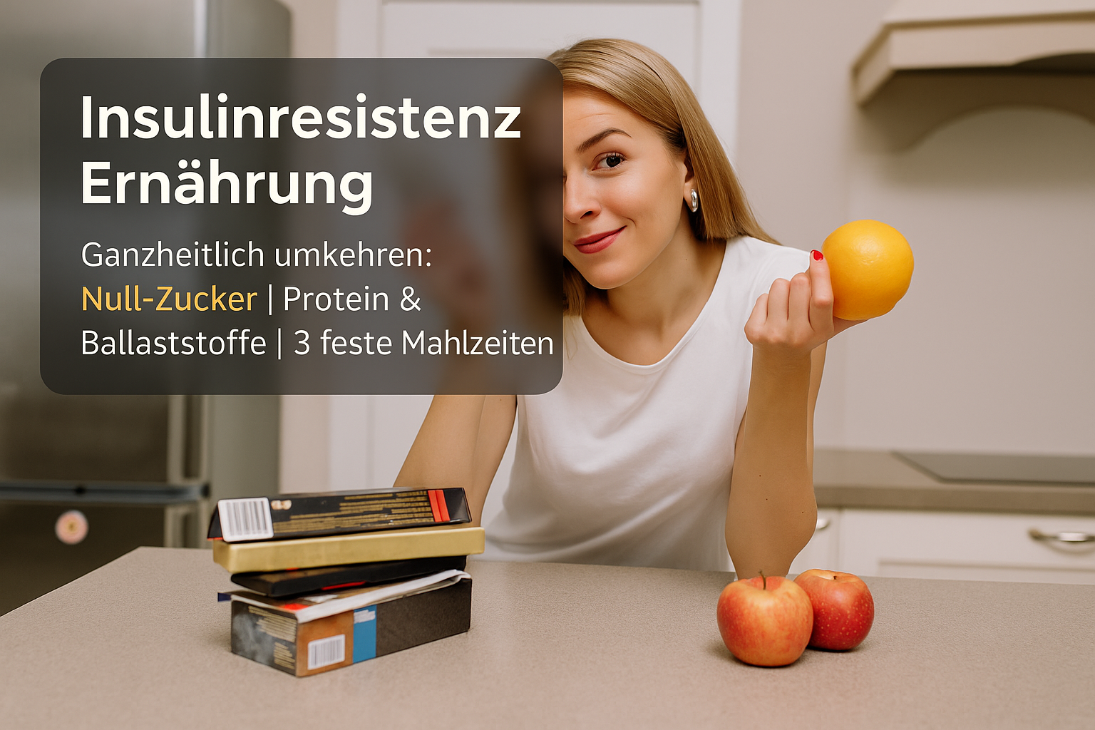Frau in der Küche hält eine Orange und zeigt mit der Hand auf eine Gruppe Äpfel, während sie an einem Tisch mit Lebensmitteln sitzt; Hintergrund mit Küchenschränken. Text auf dem Bild: "Insulinresistenz Ernährung: Ganzheitlich umkehren: Null-Zucker | Protein & Ballaststoffe | 3 feste Mahlzeiten.