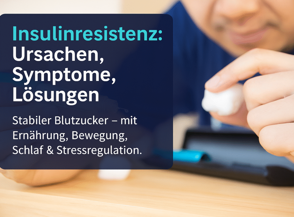 alt="Grafik über Insulinresistenz mit Überschrift: Ursachen, Symptome, Lösungen. Stabilisierter Blutzucker durch Ernährung, Bewegung, Schlaf und Stressregulation.