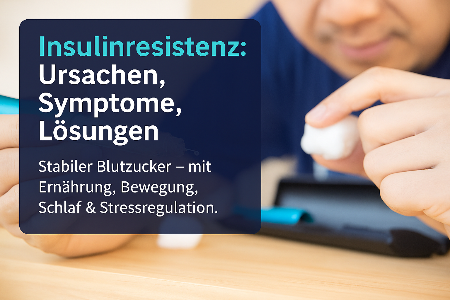 alt="Grafik über Insulinresistenz mit Überschrift: Ursachen, Symptome, Lösungen. Stabilisierter Blutzucker durch Ernährung, Bewegung, Schlaf und Stressregulation.