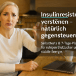 Frau hält ein Thermometer in der Hand und schaut besorgt in die Kamera, während sie am Tisch sitzt, umgeben von einem Laptop und einem Kaffeebecher; Thema: Insulinresistenz und natürliche Wege zur Verbesserung der Gesundheit.
