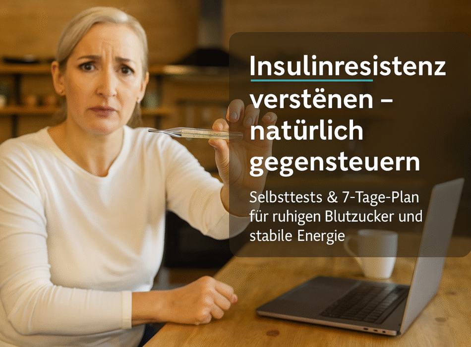 Frau hält ein Thermometer in der Hand und schaut besorgt in die Kamera, während sie am Tisch sitzt, umgeben von einem Laptop und einem Kaffeebecher; Thema: Insulinresistenz und natürliche Wege zur Verbesserung der Gesundheit.