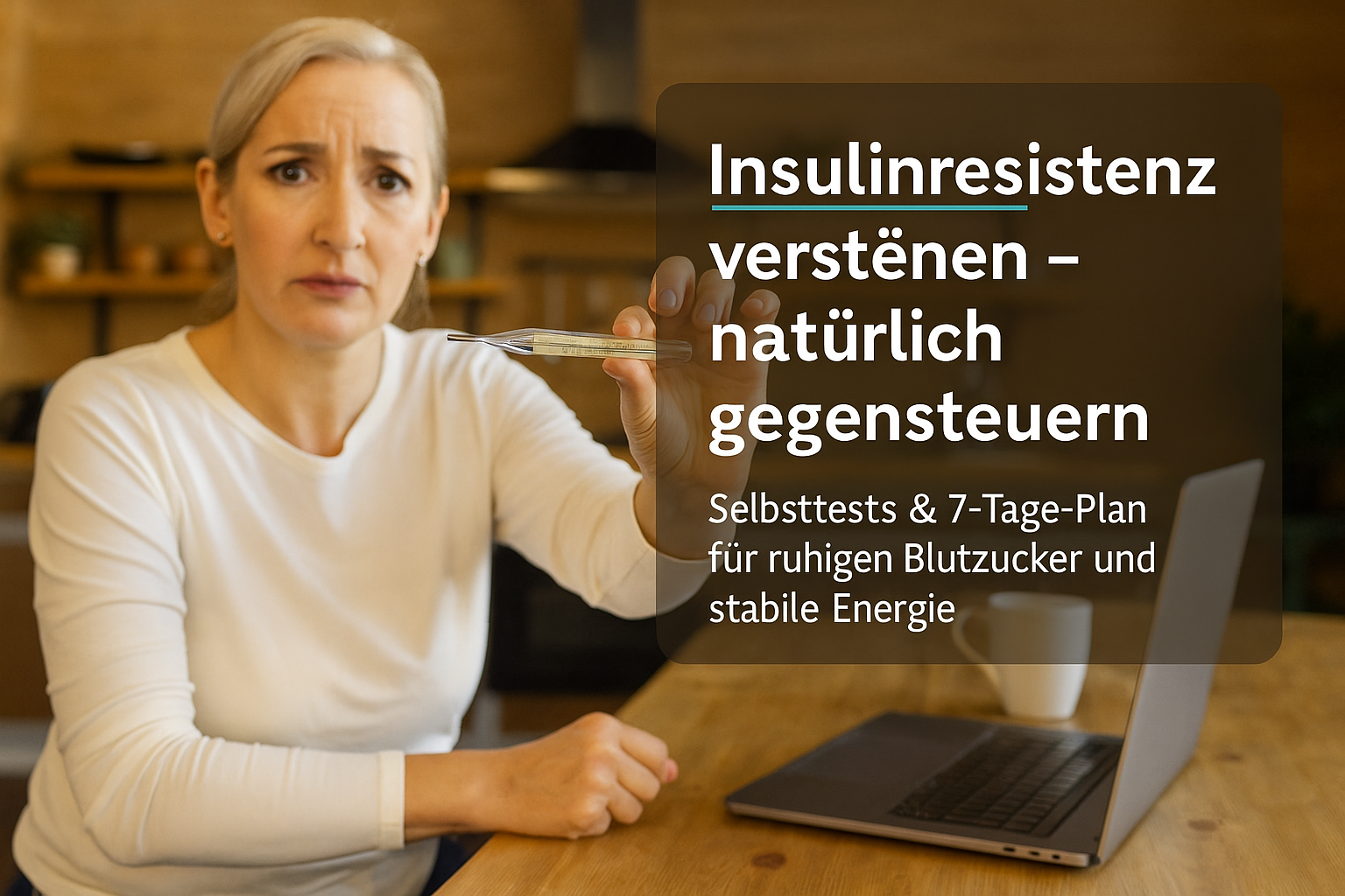 Frau hält ein Thermometer in der Hand und schaut besorgt in die Kamera, während sie am Tisch sitzt, umgeben von einem Laptop und einem Kaffeebecher; Thema: Insulinresistenz und natürliche Wege zur Verbesserung der Gesundheit.