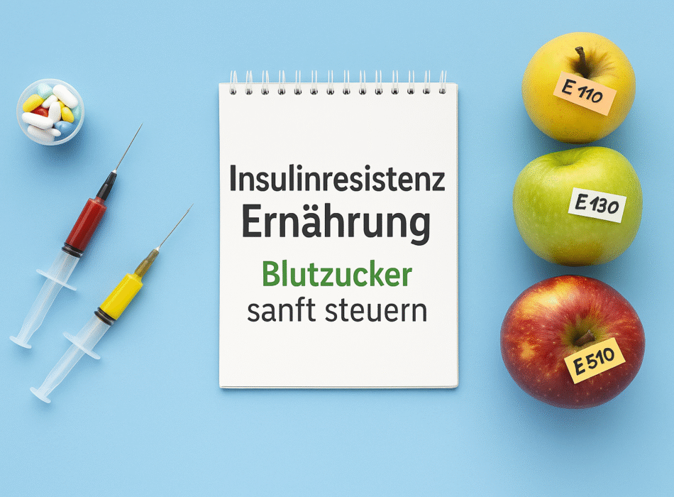Insulinresistenz Ernährung zur sanften Steuerung des Blutzuckers, dargestellt durch ein Notizbuch mit dem Titel, Spritze und verschiedene Äpfel mit Nährstoffkennzeichnungen, auf einem hellblauen Hintergrund.