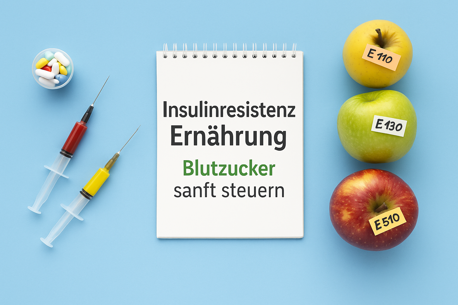 Insulinresistenz Ernährung zur sanften Steuerung des Blutzuckers, dargestellt durch ein Notizbuch mit dem Titel, Spritze und verschiedene Äpfel mit Nährstoffkennzeichnungen, auf einem hellblauen Hintergrund.