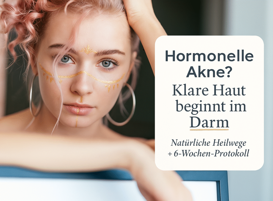 Mädchen mit rosa Haaren und dekorativer Gesichtsbemalung schaut direkt in die Kamera, während sie an einem Rahmen sitzt, der den Titel "Hormonelle Akne? Klare Haut beginnt im Darm" präsentiert. Der Hintergrund zeigt eine hell erleuchtete, moderne Umgebung.