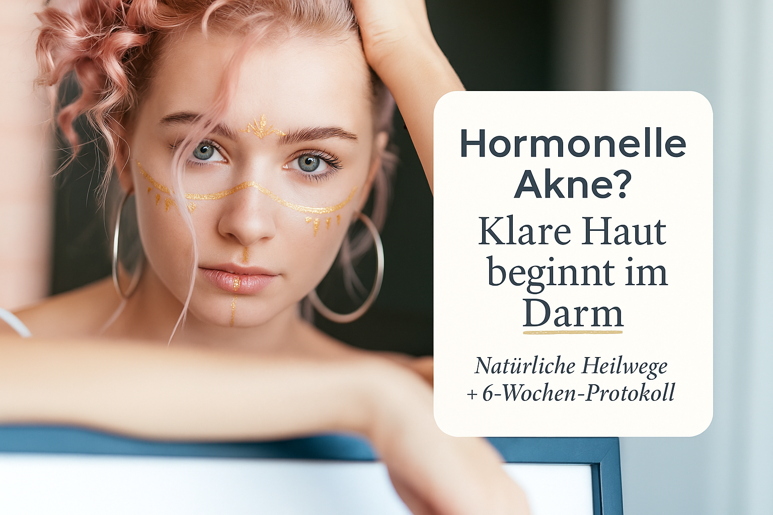 Mädchen mit rosa Haaren und dekorativer Gesichtsbemalung schaut direkt in die Kamera, während sie an einem Rahmen sitzt, der den Titel "Hormonelle Akne? Klare Haut beginnt im Darm" präsentiert. Der Hintergrund zeigt eine hell erleuchtete, moderne Umgebung.