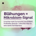 Alt="Grafik mit dem Text 'Blähungen = Mikrobiom-Signal: Ursachen statt Symptome: Low-FODMAP, Probiotika; Butyrat - 4-Wochen-Plan für eine starke Darmbarriere.' vor einem pastellfarbenen, rauchigen Hintergrund.