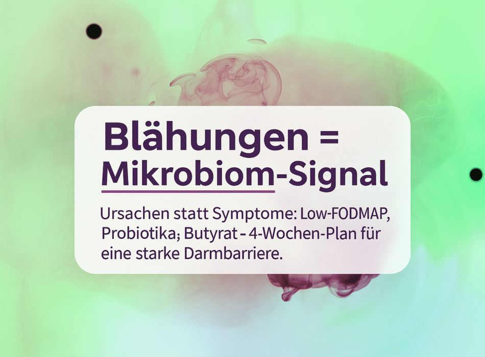 Alt="Grafik mit dem Text 'Blähungen = Mikrobiom-Signal: Ursachen statt Symptome: Low-FODMAP, Probiotika; Butyrat - 4-Wochen-Plan für eine starke Darmbarriere.' vor einem pastellfarbenen, rauchigen Hintergrund.
